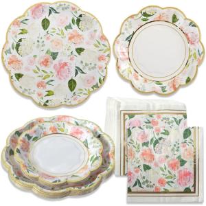 Kate Aspen Burlap & Lace Party Decorations – 62 Piece Rustic Bridal Shower and Wedding Tableware Set for 16 Guests – Disposable Floral Paper Plates and Napkins Party Supplies(Floral Brunch)