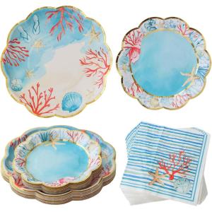 Kate Aspen Burlap & Lace Party Decorations – 62 Piece Rustic Bridal Shower and Wedding Tableware Set for 16 Guests – Disposable Floral Paper Plates and Napkins Party Supplies(Beach Party)
