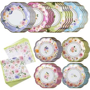 Kate Aspen Burlap & Lace Party Decorations – 62 Piece Rustic Bridal Shower and Wedding Tableware Set for 16 Guests – Disposable Floral Paper Plates and Napkins Party Supplies(Assorted Color Tea Party)