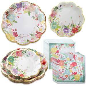 Kate Aspen Burlap & Lace Party Decorations – 62 Piece Rustic Bridal Shower and Wedding Tableware Set for 16 Guests – Disposable Floral Paper Plates and Napkins Party Supplies(Garden Blooms)