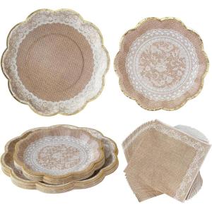 Kate Aspen Burlap & Lace Party Decorations – 62 Piece Rustic Bridal Shower and Wedding Tableware Set for 16 Guests – Disposable Floral Paper Plates and Napkins Party Supplies(Rustic Burlap & Lace)