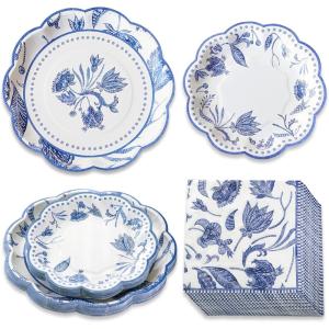 Kate Aspen Burlap & Lace Party Decorations – 62 Piece Rustic Bridal Shower and Wedding Tableware Set for 16 Guests – Disposable Floral Paper Plates and Napkins Party Supplies(Blue Willow)