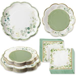 Kate Aspen Burlap & Lace Party Decorations – 62 Piece Rustic Bridal Shower and Wedding Tableware Set for 16 Guests – Disposable Floral Paper Plates and Napkins Party Supplies(Sage Green Eucalyptus)