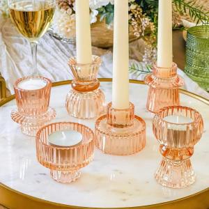 Kate Aspen Dual Sided Vintage Ribbed Glass Clear Candlestick Holders, Pillar Candle, Reversible Tealight & Votive Candle Holders (Set of 6, 3 Sizes), Dining Table Decor, Shelf Decor, Centerpiece(Rose Gold)