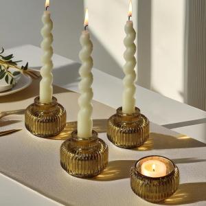 Kate Aspen Dual Sided Vintage Ribbed Glass Clear Candlestick Holders, Pillar Candle, Reversible Tealight & Votive Candle Holders (Set of 6, 3 Sizes), Dining Table Decor, Shelf Decor, Centerpiece(Gold)