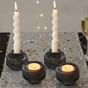 Kate Aspen Dual Sided Vintage Ribbed Glass Clear Candlestick Holders, Pillar Candle, Reversible Tealight & Votive Candle Holders (Set of 6, 3 Sizes), Dining Table Decor, Shelf Decor, Centerpiece(Smoke Grey)