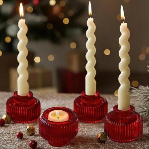 Kate Aspen Dual Sided Vintage Ribbed Glass Clear Candlestick Holders, Pillar Candle, Reversible Tealight & Votive Candle Holders (Set of 6, 3 Sizes), Dining Table Decor, Shelf Decor, Centerpiece(Red)