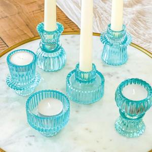 Kate Aspen Dual Sided Vintage Ribbed Glass Clear Candlestick Holders, Pillar Candle, Reversible Tealight & Votive Candle Holders (Set of 6, 3 Sizes), Dining Table Decor, Shelf Decor, Centerpiece(Blue)