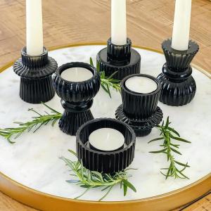 Kate Aspen Dual Sided Vintage Ribbed Glass Clear Candlestick Holders, Pillar Candle, Reversible Tealight & Votive Candle Holders (Set of 6, 3 Sizes), Dining Table Decor, Shelf Decor, Centerpiece(Black)