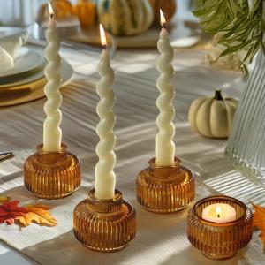 Kate Aspen Dual Sided Vintage Ribbed Glass Clear Candlestick Holders, Pillar Candle, Reversible Tealight & Votive Candle Holders (Set of 6, 3 Sizes), Dining Table Decor, Shelf Decor, Centerpiece(Amber)