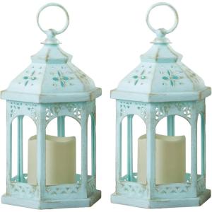 Kate Aspen LED Vintage Decorative Blue Lantern – Marrakesh (Set of 2) -Rustic Home Farmhouse Décor Lantern, One Size(Blue Hexagon)