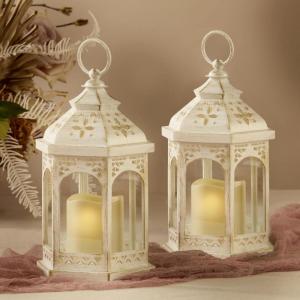 Kate Aspen LED Vintage Decorative Blue Lantern – Marrakesh (Set of 2) -Rustic Home Farmhouse Décor Lantern, One Size(White Hexagon)
