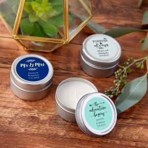 Kate Aspen Personalized Travel Candle Tin – 36PCS – Favor Decor for Wedding, Bridal Shower Party with Customized Designs & Text Lines in A Round Sticker(White Design Color)