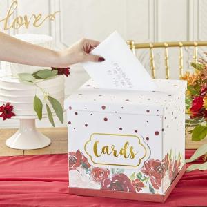 Kate Aspen Rustic Burlap & Lace Gift / Wedding Card Box, Money Box, Farmhouse Wedding Decorations For Reception – Also Perfect for Boho Baby Showers, Birthdays, Graduation(Burgundy Blush)