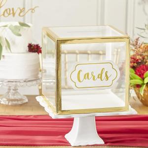 Kate Aspen Rustic Burlap & Lace Gift / Wedding Card Box, Money Box, Farmhouse Wedding Decorations For Reception – Also Perfect for Boho Baby Showers, Birthdays, Graduation(Clear/Gold)