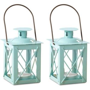 Kate Aspen Rustic Shelf Decor Luminous Vintage Tea Light Votive Candle Holders Metal Mini Decorative Lantern, Distressed White(Luminous Blue)