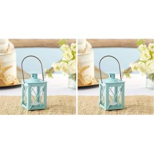 Kate Aspen Rustic Shelf Decor Luminous Vintage Tea Light Votive Candle Holders Metal Mini Decorative Lantern, Distressed White(Vintage Teal Blue)