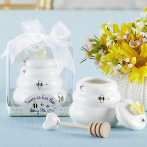 Kate Aspen Sweet as Can Bee Ceramic Mini Honey Pot with Wooden Honey Dipper (3.4 oz) Honey Jar, Bee Decor, White/Yellow (23261WT)(Mini 6PCS)