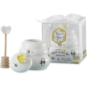 Kate Aspen Sweet as Can Bee Ceramic Mini Honey Pot with Wooden Honey Dipper (3.4 oz) Honey Jar, Bee Decor, White/Yellow (23261WT)(Small Honey Jar Favor)