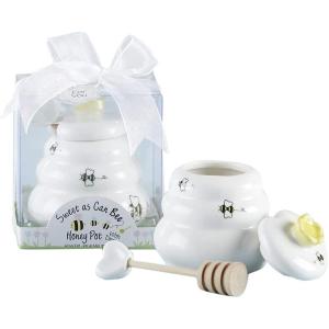 Kate Aspen Sweet as Can Bee Ceramic Mini Honey Pot with Wooden Honey Dipper (3.4 oz) Honey Jar, Bee Decor, White/Yellow (23261WT)(Small Honey Pot Favor)
