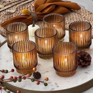 Kate Aspen Tea Light Holder, Vintage Pink Glass Tealight Candle Holders, Perfect Favors Decoration fpr Wedding, Bachelorette, Bridal Shower – (6 Sets of 4, 24 Pieces)(Ribbed Amber)