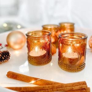 Kate Aspen Tea Light Holder, Vintage Pink Glass Tealight Candle Holders, Perfect Favors Decoration fpr Wedding, Bachelorette, Bridal Shower – (6 Sets of 4, 24 Pieces)(Amber)