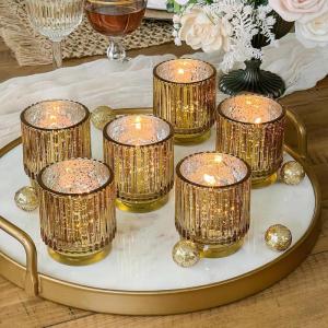 Kate Aspen Vintage Glass Tealight & Amber Votive Candle Holders (Set of 6) – Rustic Fluted Candle Holder Set, Boho Home Decor, Wedding Table Centerpieces, Farmhouse Kitchen Table Decor(Gold)