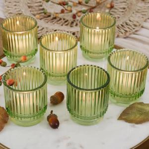 Kate Aspen Vintage Glass Tealight & Amber Votive Candle Holders (Set of 6) – Rustic Fluted Candle Holder Set, Boho Home Decor, Wedding Table Centerpieces, Farmhouse Kitchen Table Decor(Green)