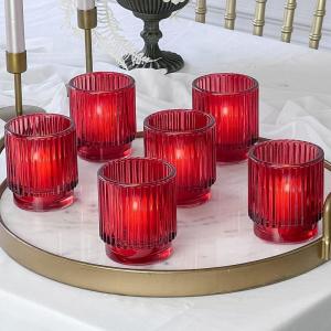 Kate Aspen Vintage Glass Tealight & Amber Votive Candle Holders (Set of 6) – Rustic Fluted Candle Holder Set, Boho Home Decor, Wedding Table Centerpieces, Farmhouse Kitchen Table Decor(Red)