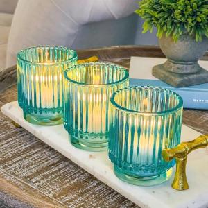 Kate Aspen Vintage Glass Tealight & Amber Votive Candle Holders (Set of 6) – Rustic Fluted Candle Holder Set, Boho Home Decor, Wedding Table Centerpieces, Farmhouse Kitchen Table Decor(Blue)