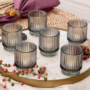 Kate Aspen Vintage Glass Tealight & Amber Votive Candle Holders (Set of 6) – Rustic Fluted Candle Holder Set, Boho Home Decor, Wedding Table Centerpieces, Farmhouse Kitchen Table Decor(Smoke Gray)