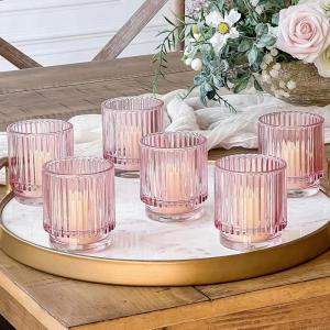 Kate Aspen Vintage Glass Tealight & Amber Votive Candle Holders (Set of 6) – Rustic Fluted Candle Holder Set, Boho Home Decor, Wedding Table Centerpieces, Farmhouse Kitchen Table Decor(Pink)