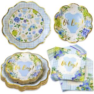 Kate Aspen We Can Bearly Wait Baby Shower Plates and Napkins Party Decorations Plates & Napkins; Adorable & Classic Teddy Bear Baby Shower (62 Piece – 16 Guests)(Onesie Blue Floral & Gingham)