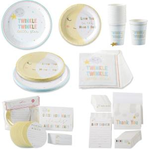 Twinkle Twinkle Baby Shower Party Kit – 153 Pc Plates, Napkins, Invitations, Cups & Games for 16 Guests(129 Pc Party Tableware Kit)