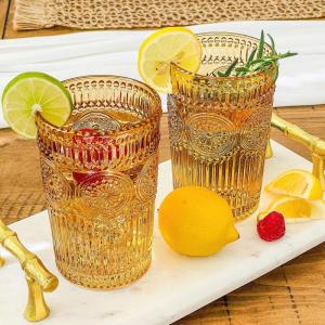 Vintage Textured Rose Gold Striped Drinking Glasses Set of 6, (13 oz) Ribbed Glassware Set | Cocktail Set, Ice Tea Glasses, Juice Glass, Water Cups(Amber)