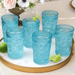 Vintage Textured Rose Gold Striped Drinking Glasses Set of 6, (13 oz) Ribbed Glassware Set | Cocktail Set, Ice Tea Glasses, Juice Glass, Water Cups(Aqua Blue)
