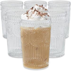 Vintage Textured Rose Gold Striped Drinking Glasses Set of 6, (13 oz) Ribbed Glassware Set | Cocktail Set, Ice Tea Glasses, Juice Glass, Water Cups(Clear)