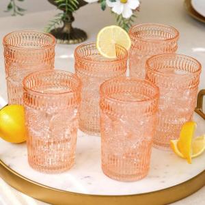 Vintage Textured Rose Gold Striped Drinking Glasses Set of 6, (13 oz) Ribbed Glassware Set | Cocktail Set, Ice Tea Glasses, Juice Glass, Water Cups(Rose Gold)