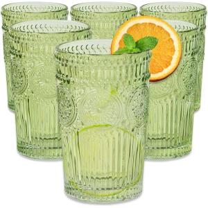 Vintage Textured Rose Gold Striped Drinking Glasses Set of 6, (13 oz) Ribbed Glassware Set | Cocktail Set, Ice Tea Glasses, Juice Glass, Water Cups(Sage Green)