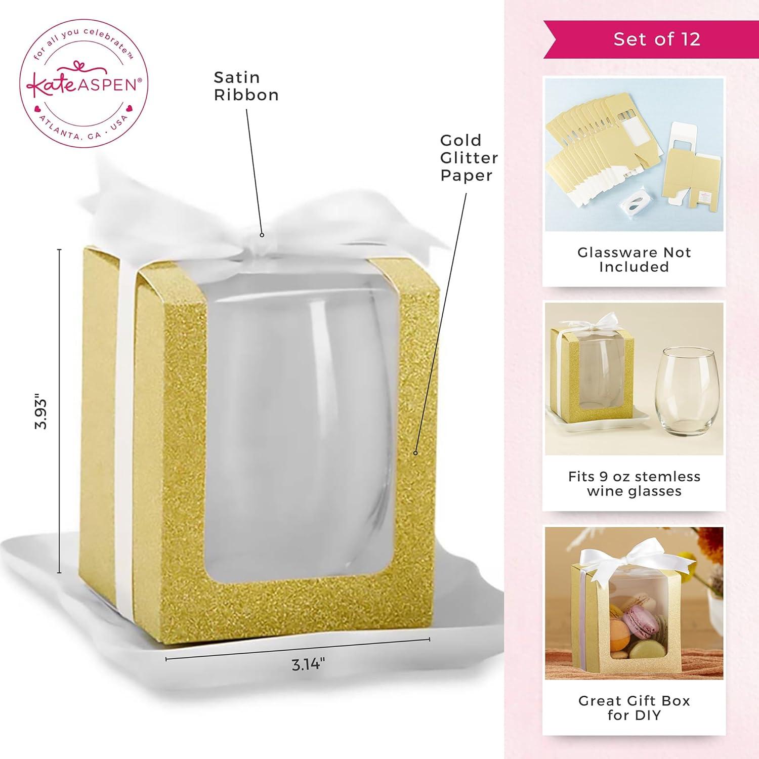 imageKate Aspen Gold Shimmer Display Gift Box GiftParty Favor can hold 9 oz Stemless Wine Glass Set of 12Gold