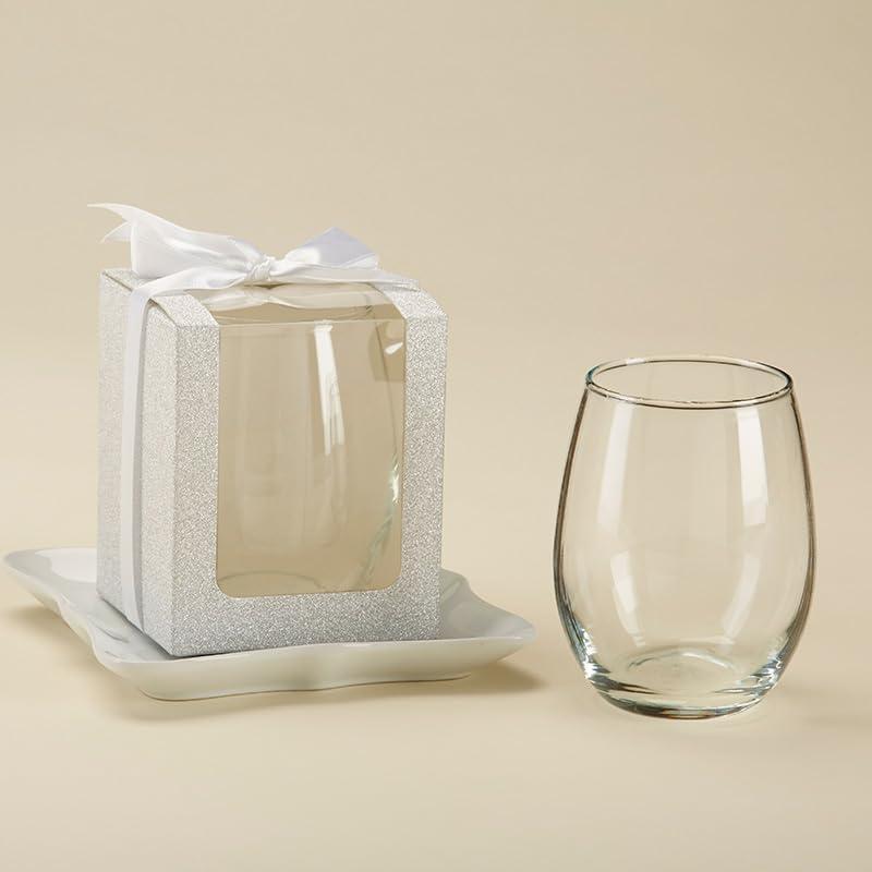 imageKate Aspen Gold Shimmer Display Gift Box GiftParty Favor can hold 9 oz Stemless Wine Glass Set of 12Silver Shimmer