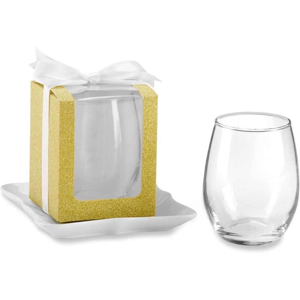 imageKate Aspen Gold Shimmer Display Gift Box GiftParty Favor can hold 9 oz Stemless Wine Glass Set of 12Gold