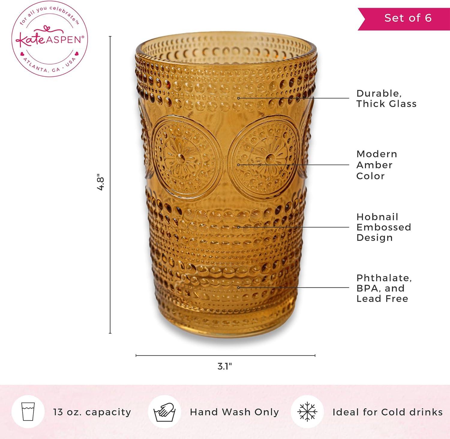 imageKate Aspen Hobnail Beaded Floral Amber Drinking Glasses Set of 6 13 oz Vintage Glassware Set Cocktail Glass Set Juice Glass Water Cups Great Hostess Gift ampamp Gift for New Home OwnersAmber