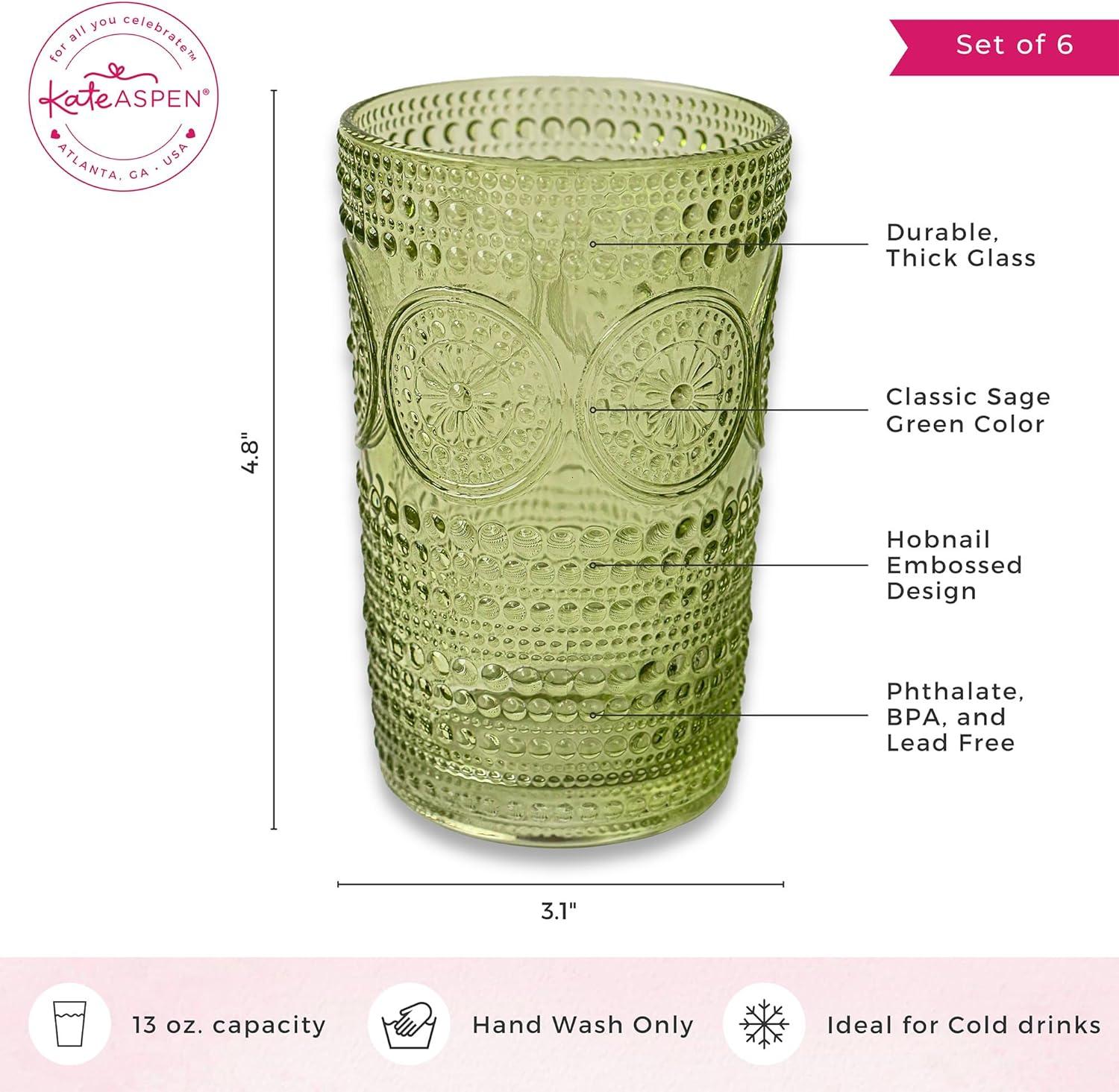 imageKate Aspen Hobnail Beaded Floral Amber Drinking Glasses Set of 6 13 oz Vintage Glassware Set Cocktail Glass Set Juice Glass Water Cups Great Hostess Gift ampamp Gift for New Home OwnersGreen