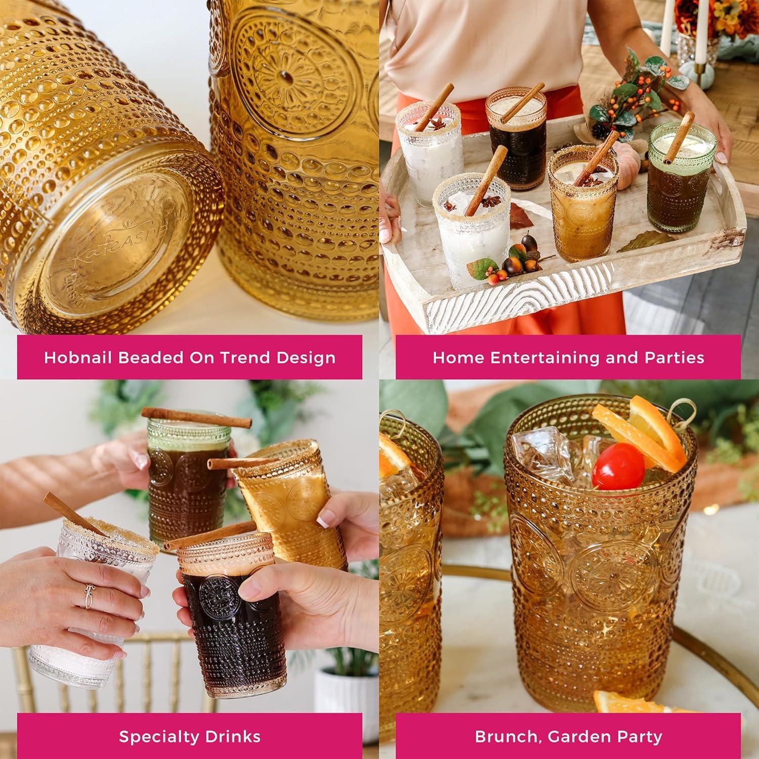 imageKate Aspen Hobnail Beaded Floral Amber Drinking Glasses Set of 6 13 oz Vintage Glassware Set Cocktail Glass Set Juice Glass Water Cups Great Hostess Gift ampamp Gift for New Home OwnersAmber