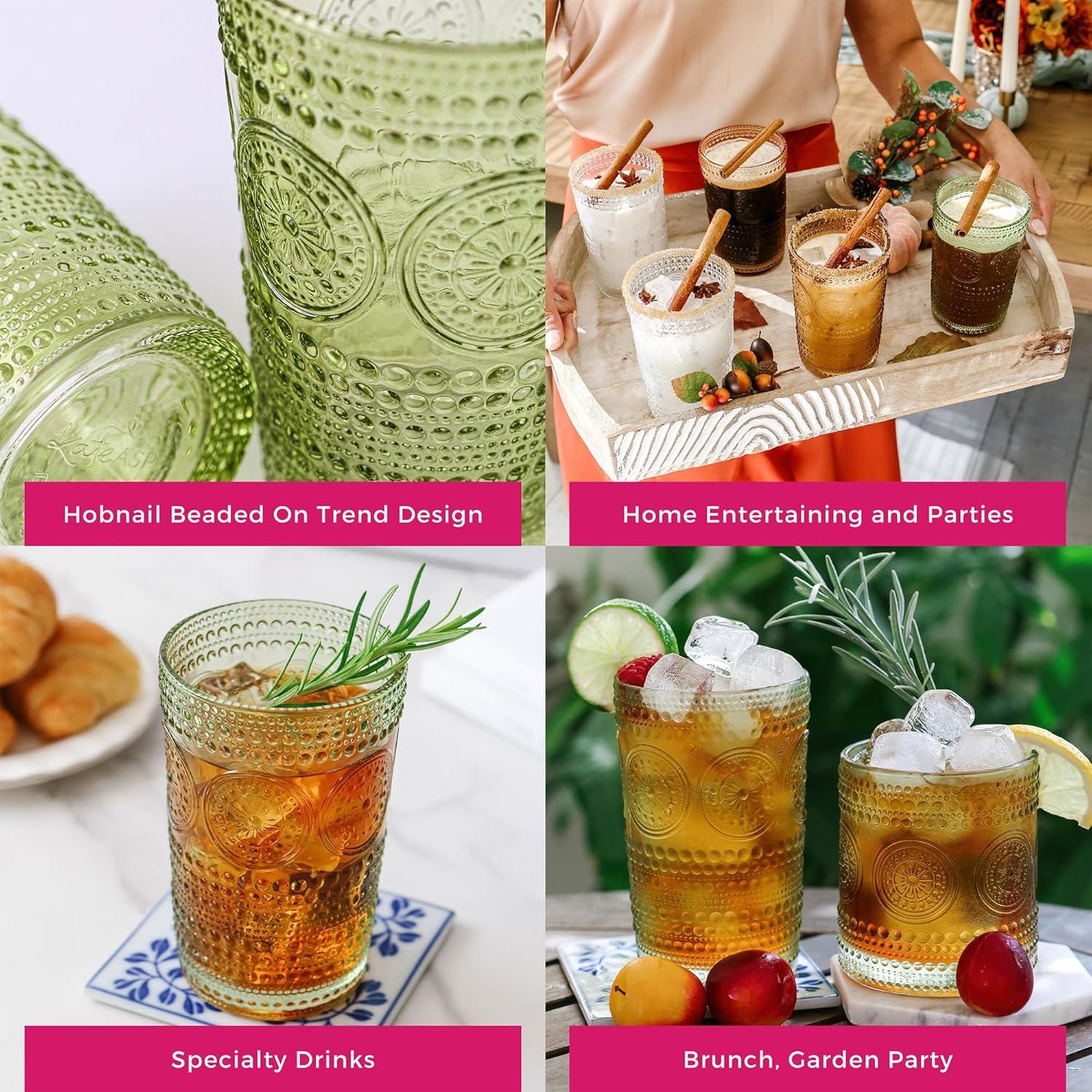 imageKate Aspen Hobnail Beaded Floral Amber Drinking Glasses Set of 6 13 oz Vintage Glassware Set Cocktail Glass Set Juice Glass Water Cups Great Hostess Gift ampamp Gift for New Home OwnersGreen