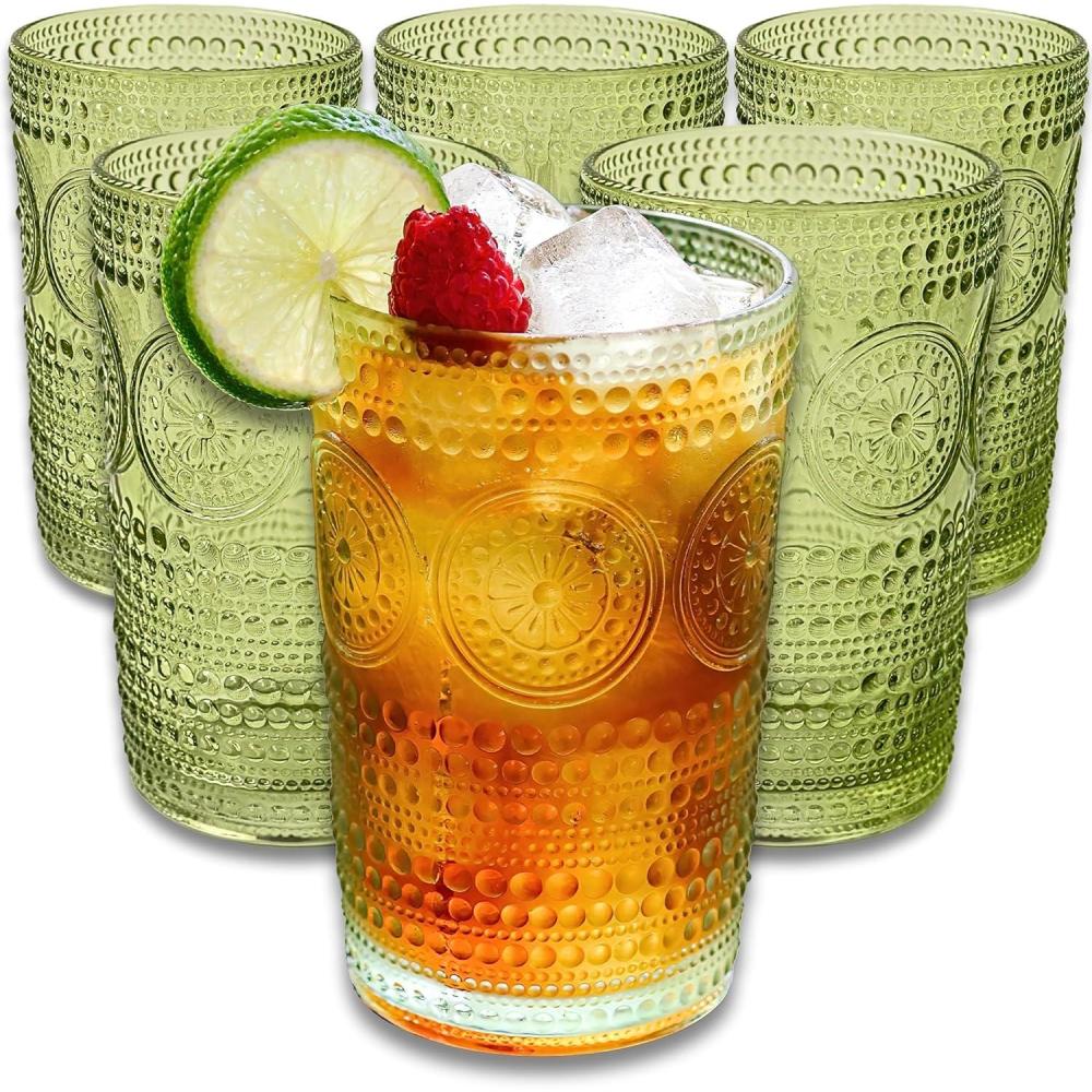 imageKate Aspen Hobnail Beaded Floral Amber Drinking Glasses Set of 6 13 oz Vintage Glassware Set Cocktail Glass Set Juice Glass Water Cups Great Hostess Gift ampamp Gift for New Home OwnersGreen