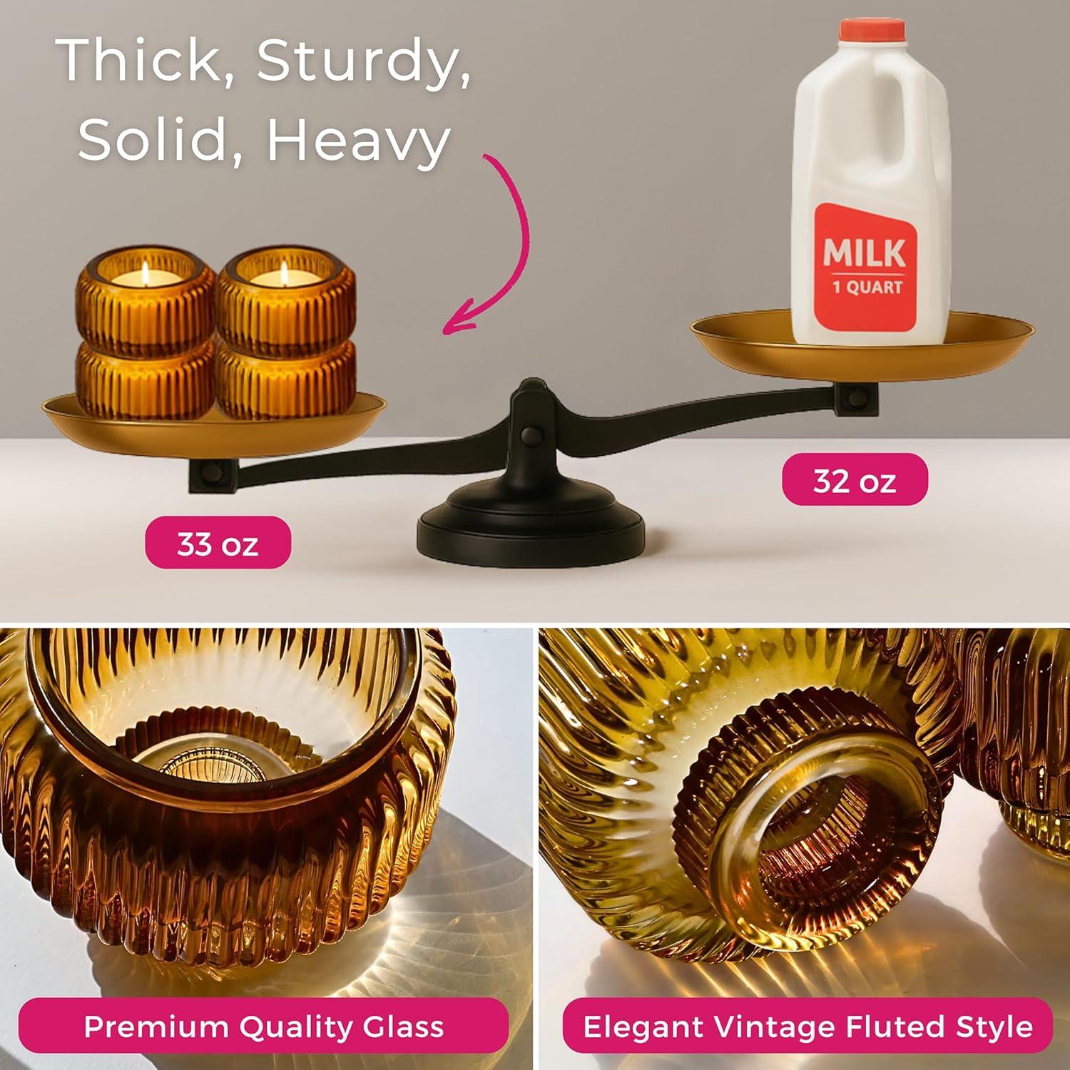 imageKate Aspen Rose Gold Taper Candle Holders for Candlesticks Set of 4 Ribbed Glass Candlestick Holders Votive Candle Holder Decor Accents Pink Room Styling Wedding ampamp Home Centerpieces Table DecorAmber