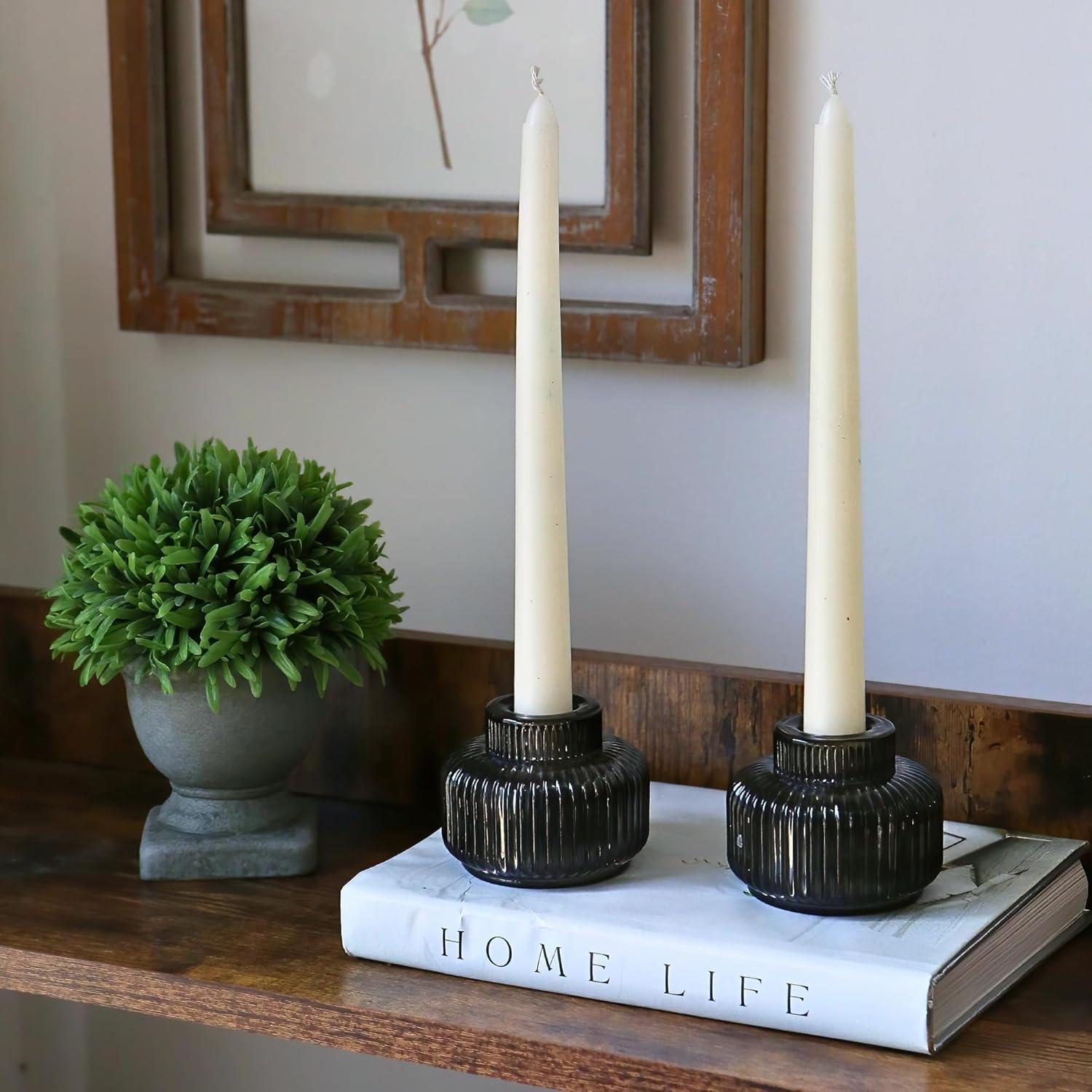 imageKate Aspen Rose Gold Taper Candle Holders for Candlesticks Set of 4 Ribbed Glass Candlestick Holders Votive Candle Holder Decor Accents Pink Room Styling Wedding ampamp Home Centerpieces Table DecorSmoke Grey