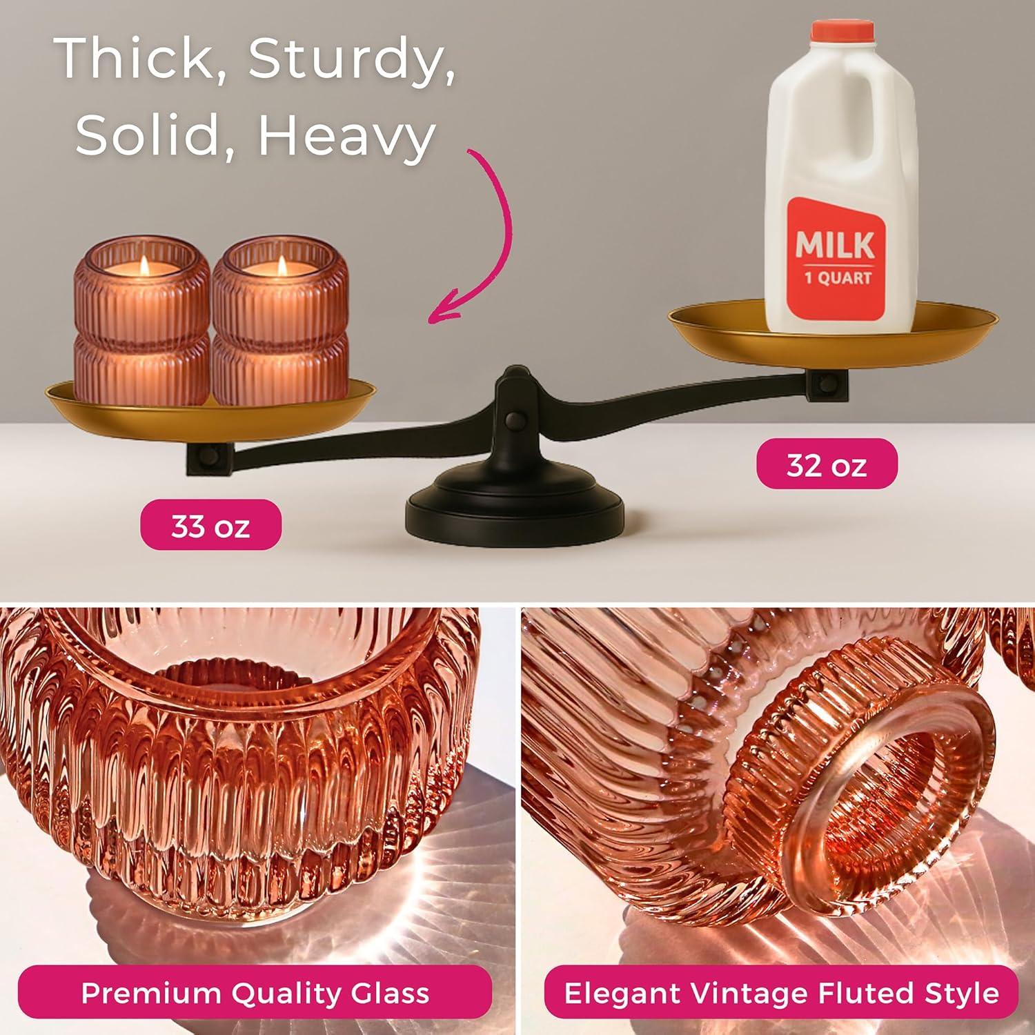 imageKate Aspen Rose Gold Taper Candle Holders for Candlesticks Set of 4 Ribbed Glass Candlestick Holders Votive Candle Holder Decor Accents Pink Room Styling Wedding ampamp Home Centerpieces Table DecorRose Gold